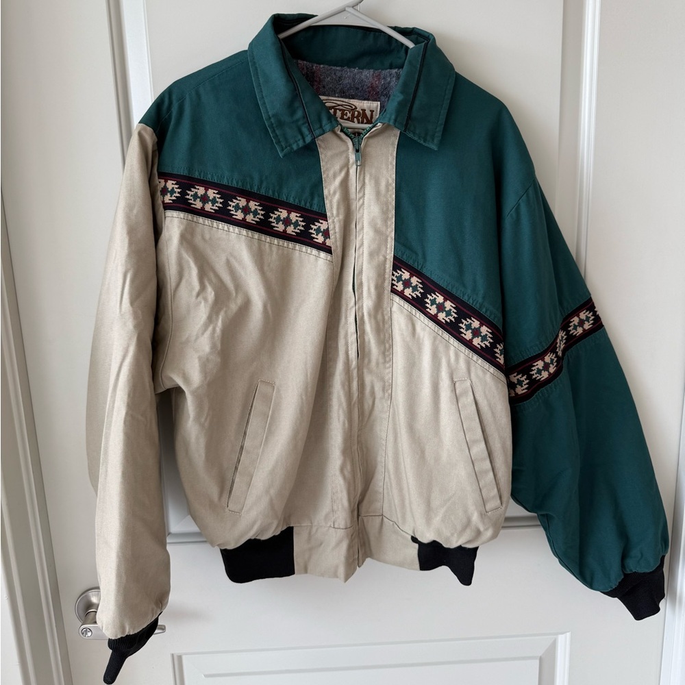 Vintage Teal and Beige Western Bomber Jacket